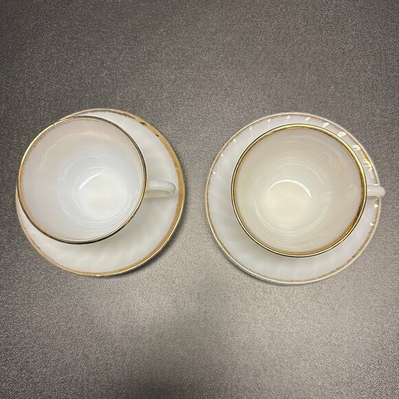 Vintage Fire King Set of 2 Cup and Saucer Gold Trimmed Swirl Pattern Milk Glass - Picture 2 of 7